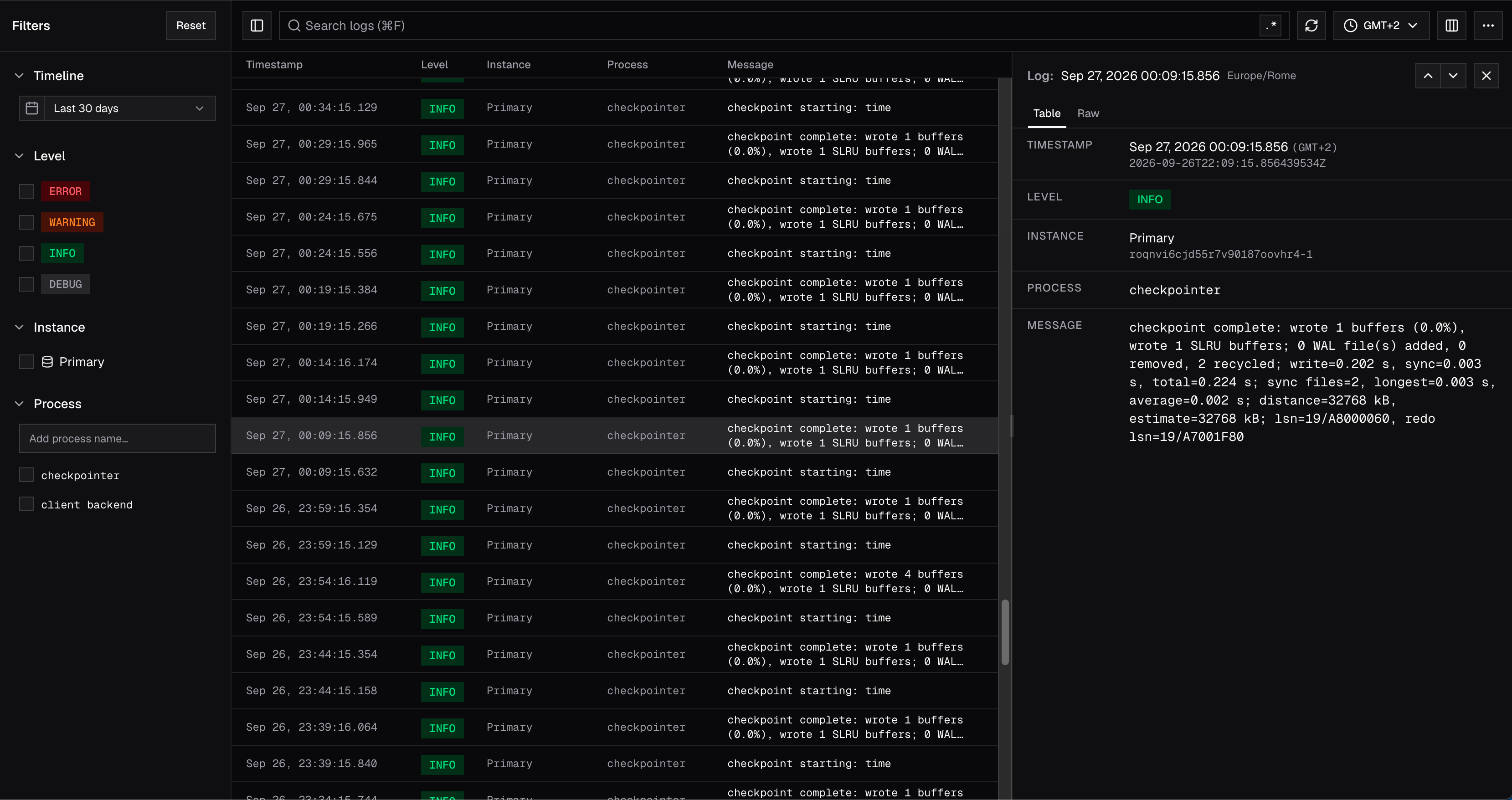 Logs viewer with the filter sidebar, a virtualized log list and the detail panel for a selected entry