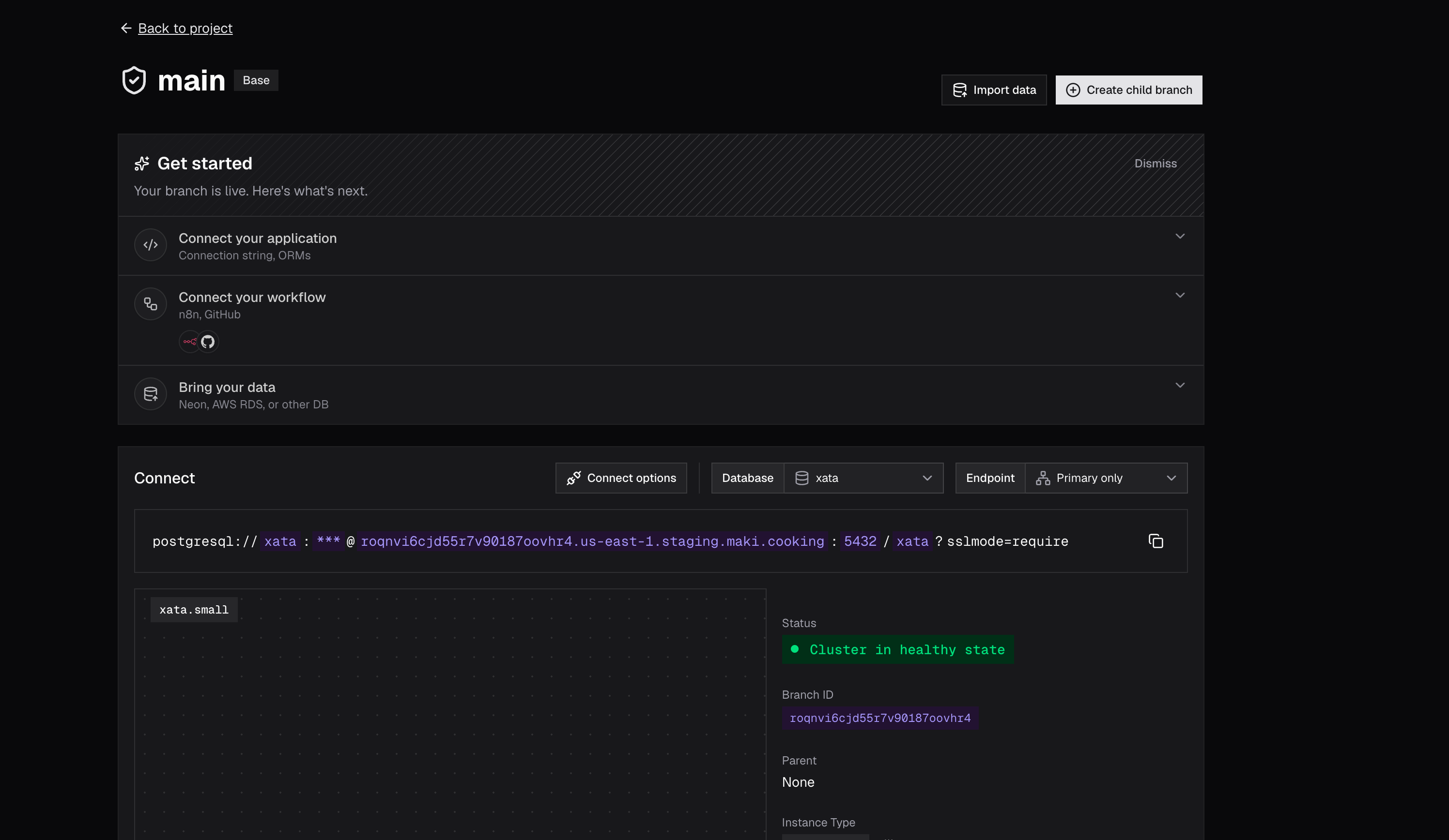 Branch overview with a Get started checklist for connecting an application, a workflow and existing data