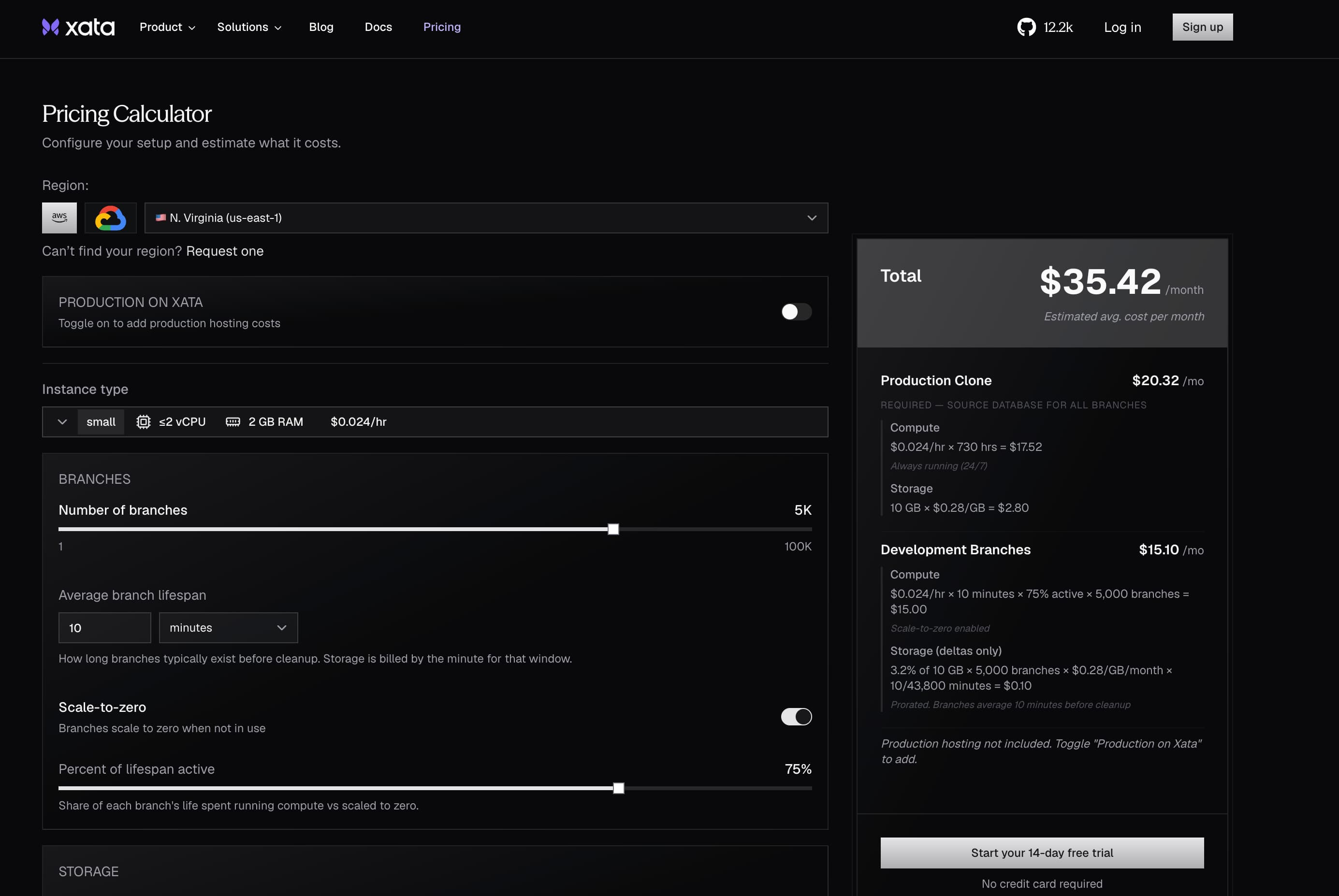 Pricing calculator with region, instance type and branch settings next to a monthly cost breakdown