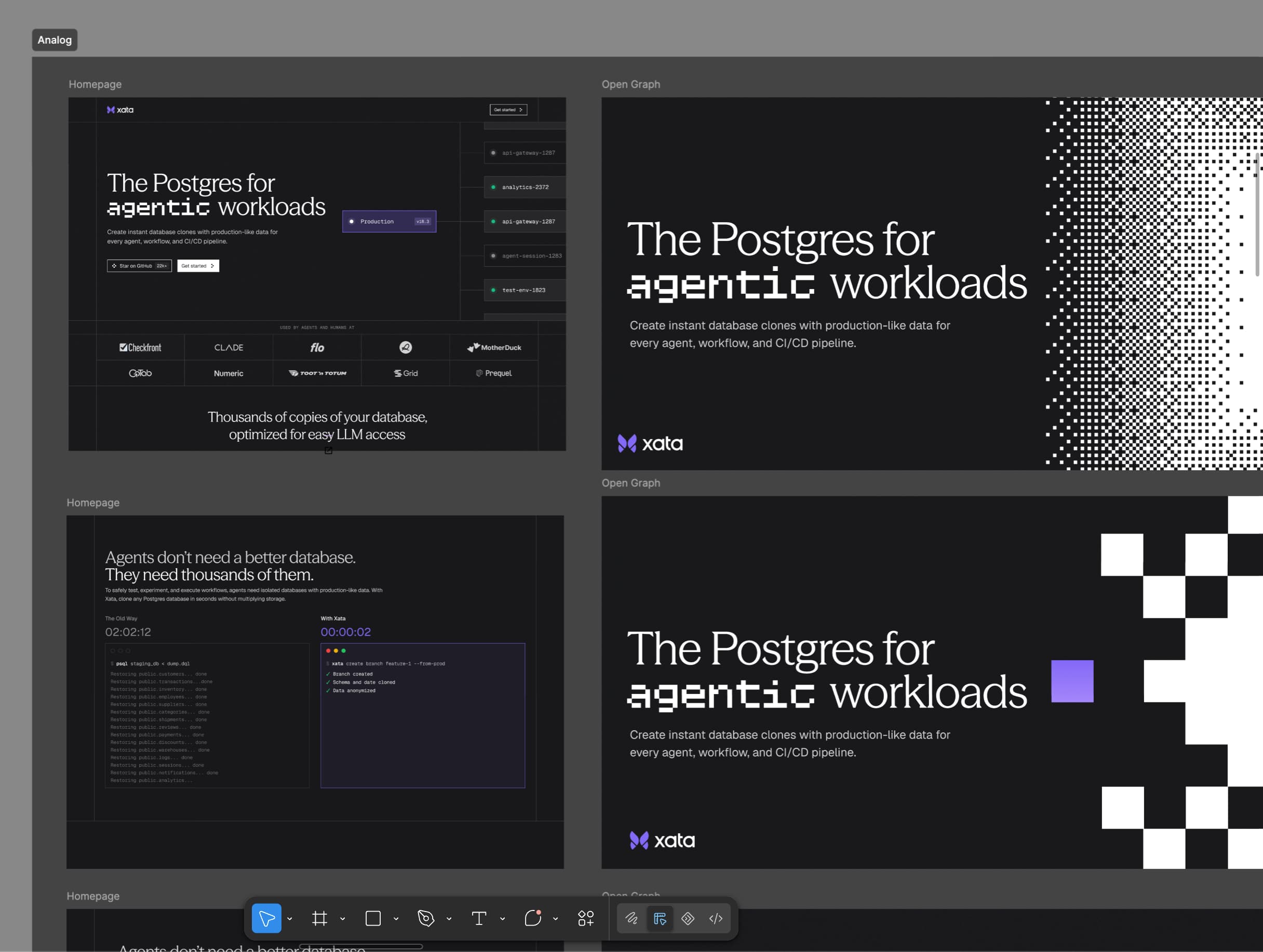 Design canvas with homepage and Open Graph image explorations for the Xata rebrand
